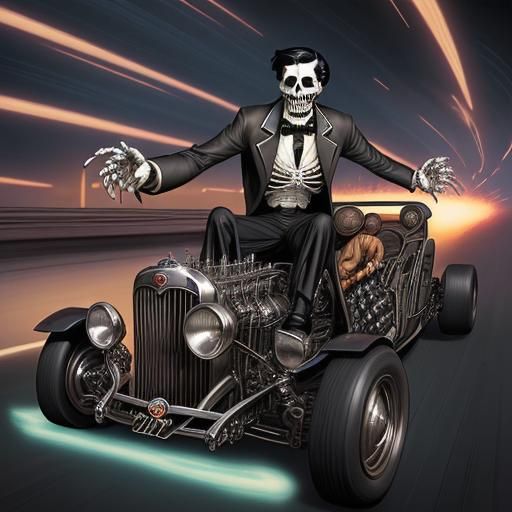 Grinning Skeleton Races Hot Rod: Comic Book Art