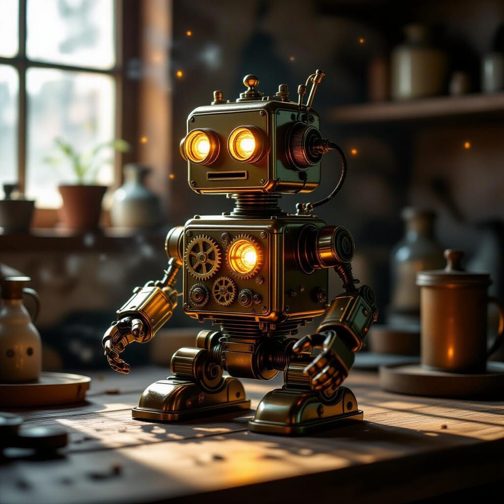 Vintage Robot with Gears and Vacuum Tubes - Macro Photo