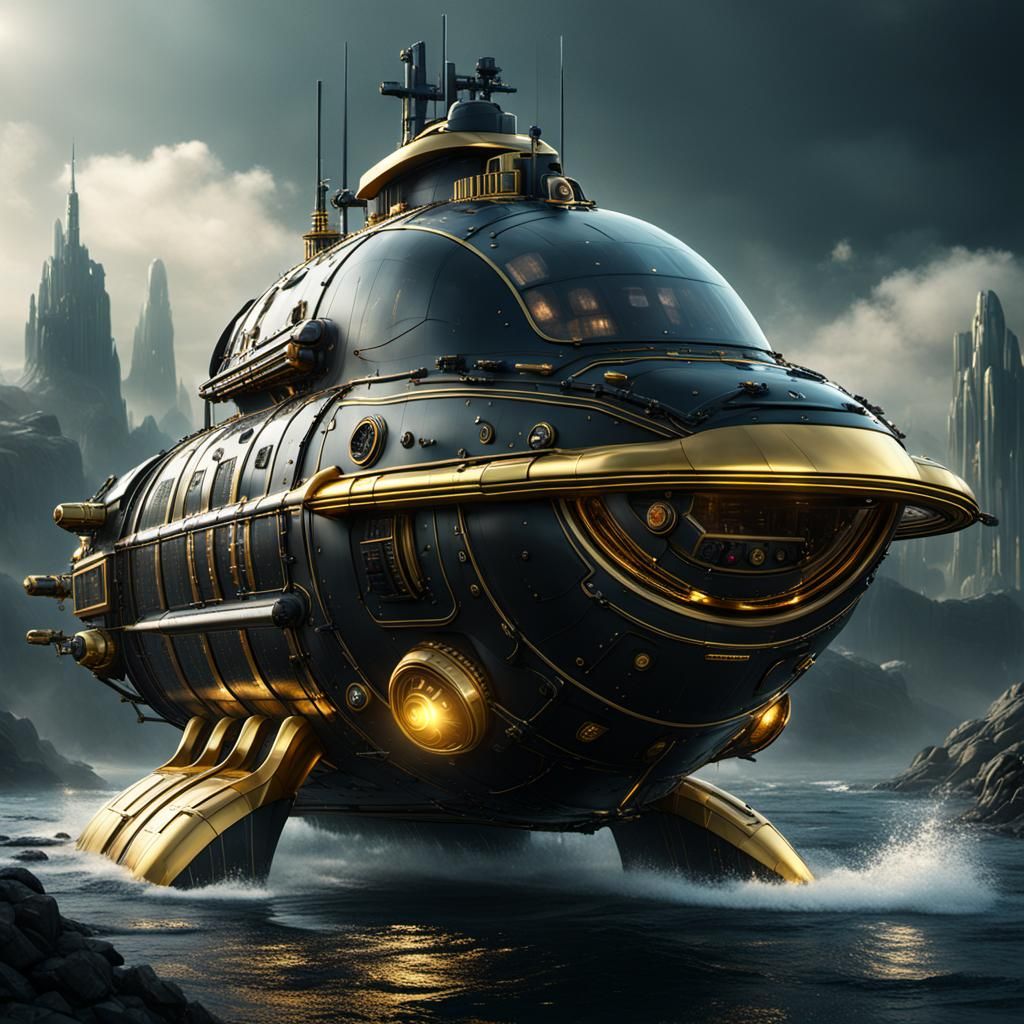 Futuristic Black and Gold Submarine Concept Art