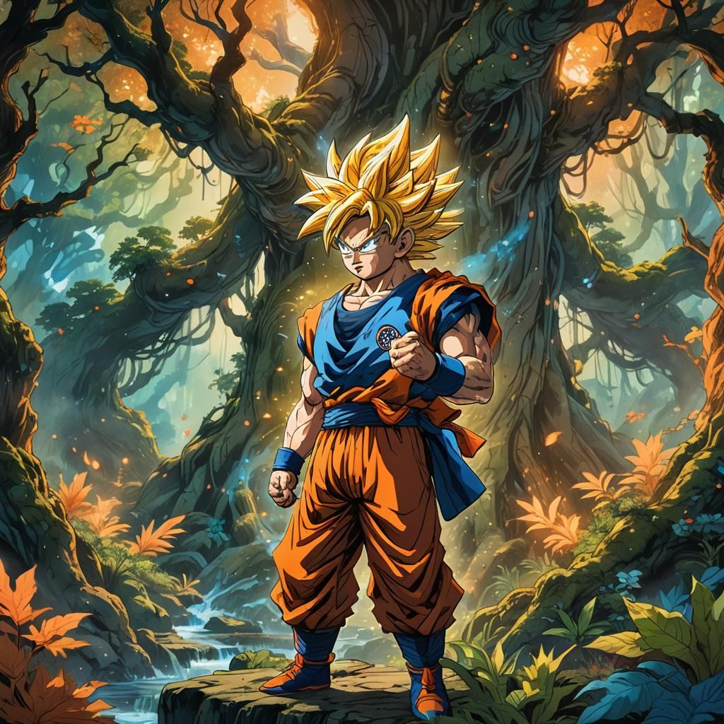 Goku in Mystical Forest: Fantasy Concept Art