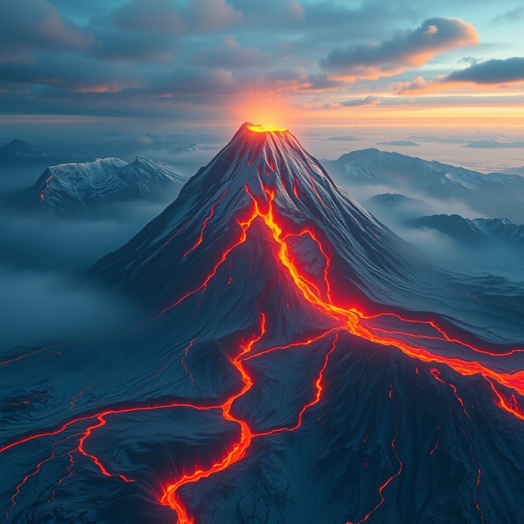 Majestic Volcano in Snowy, Lava-Scorched Landscape