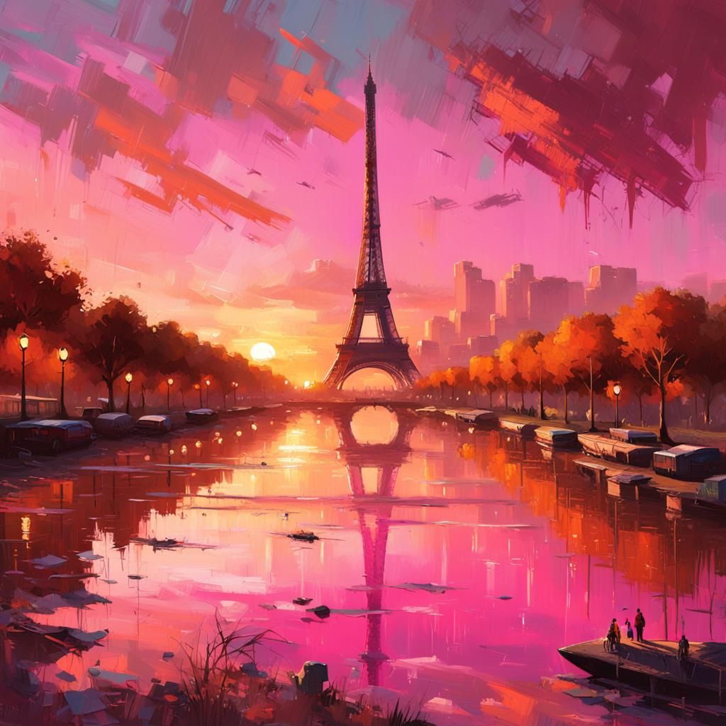 Eiffel Tower Shines Pink at Sunset as Oil Painting