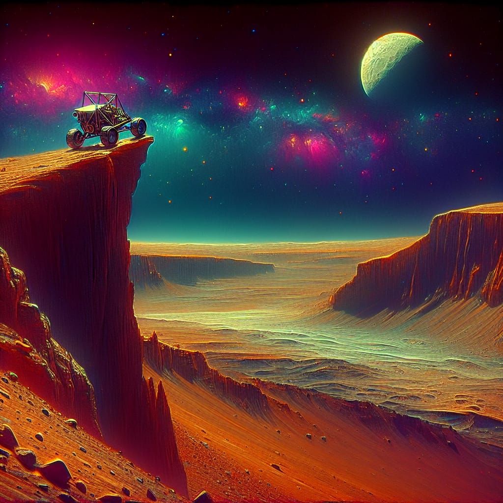 Moon Buggy on Martian Cliff in Cel-Shaded Style