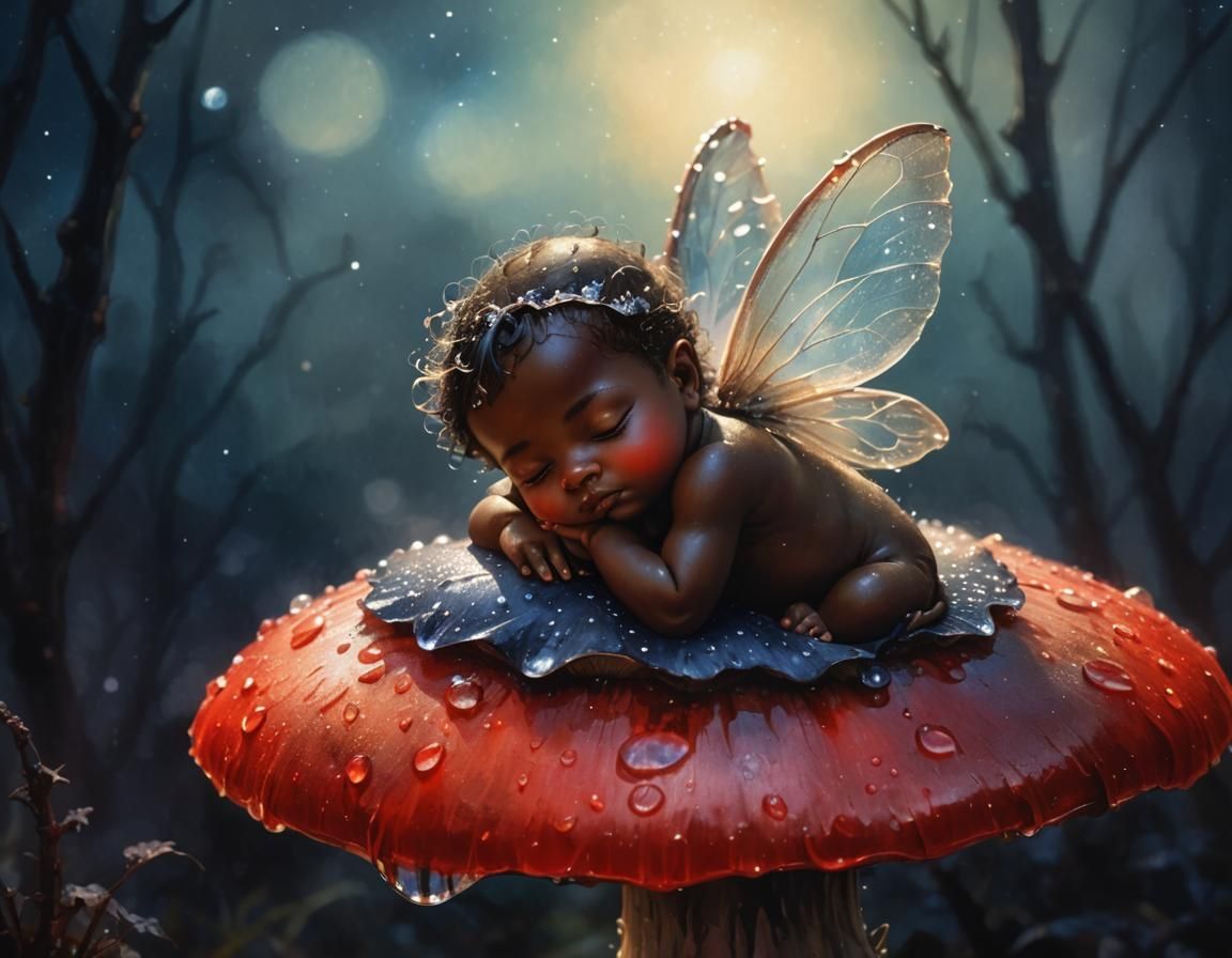 Baby Fairy Sleeps in Dew Drop: Watercolor Art