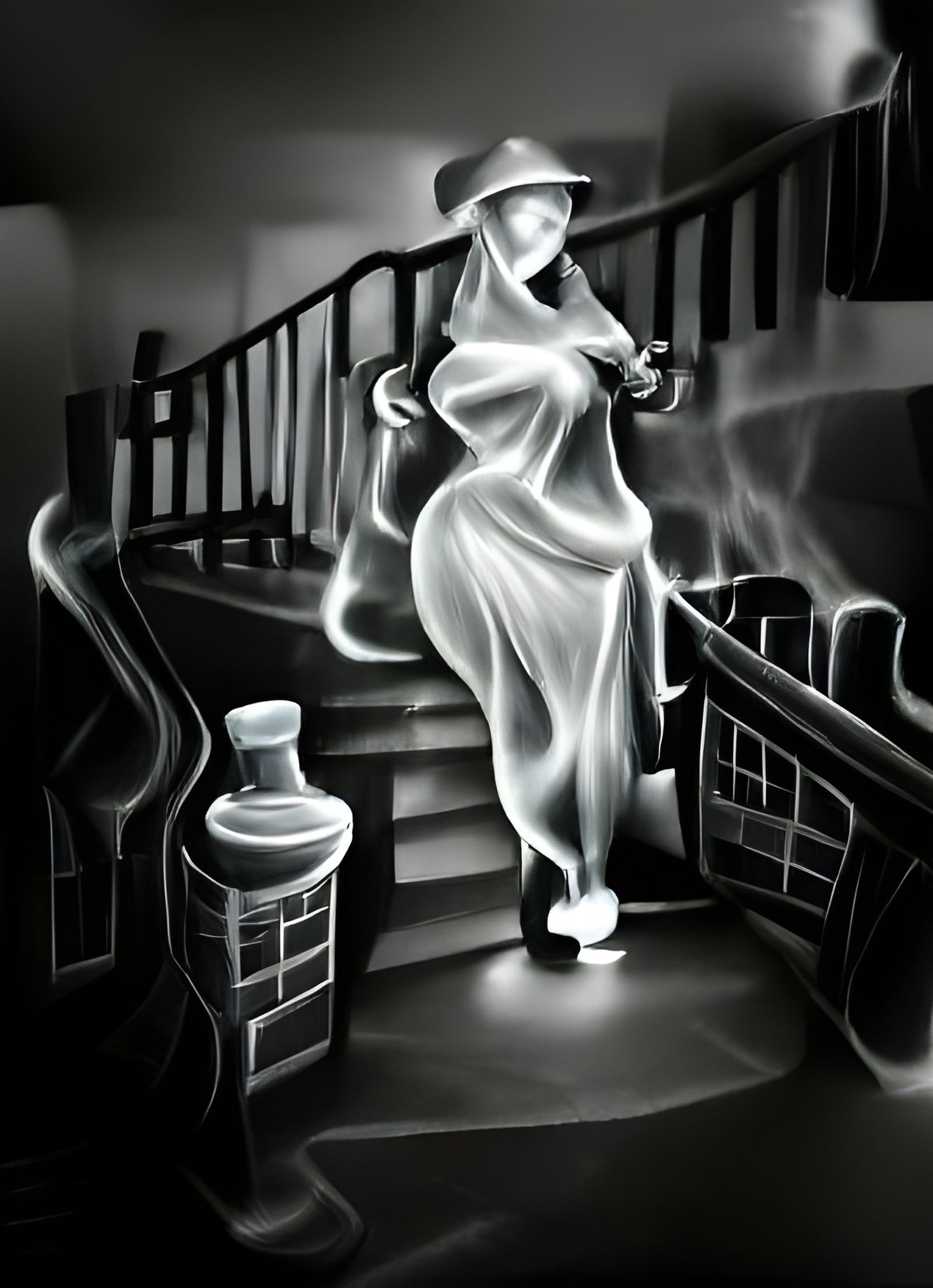 Monochrome Lady Ghost Descending Stairs in Film Noir Style