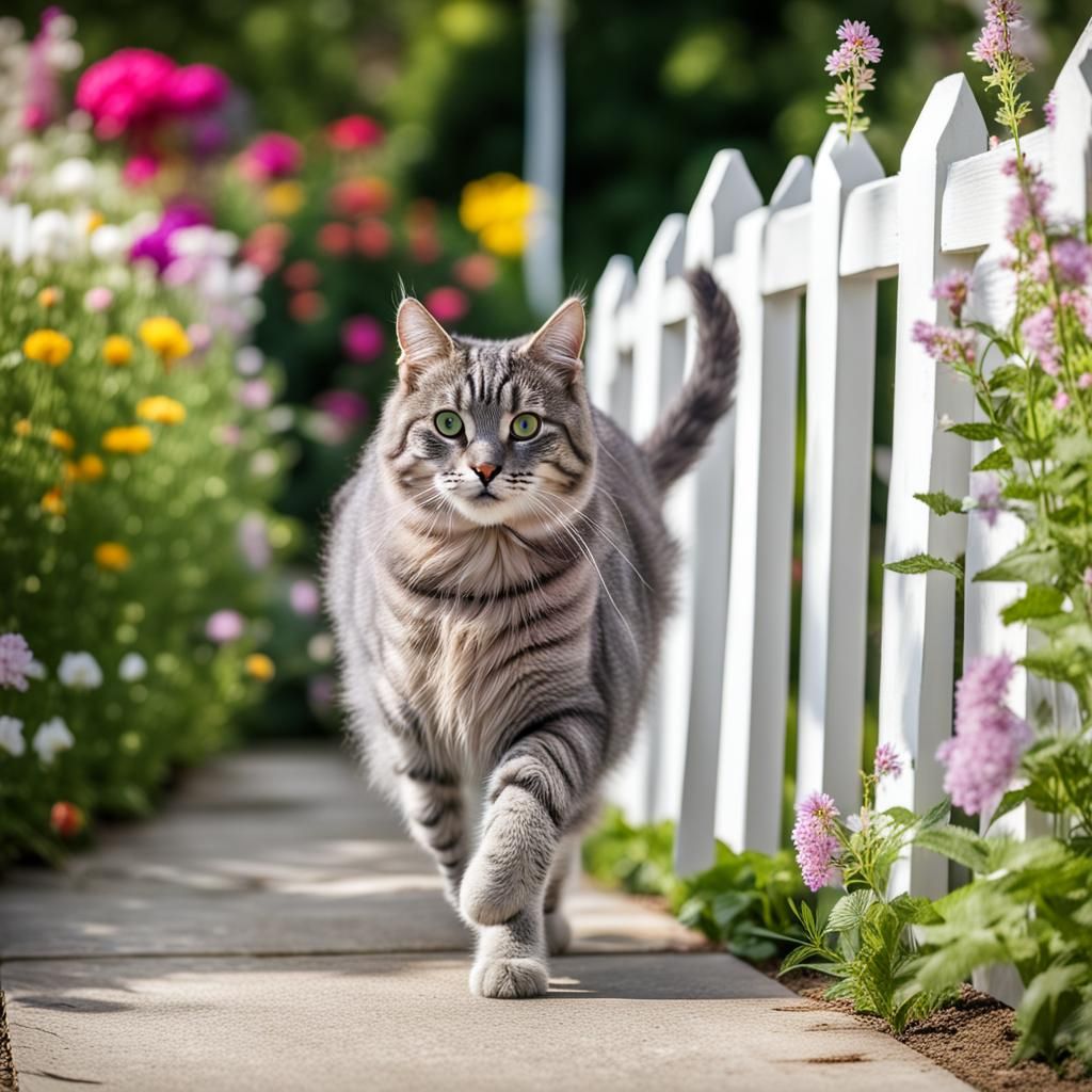 Furry Tabby Cat in Flower Garden