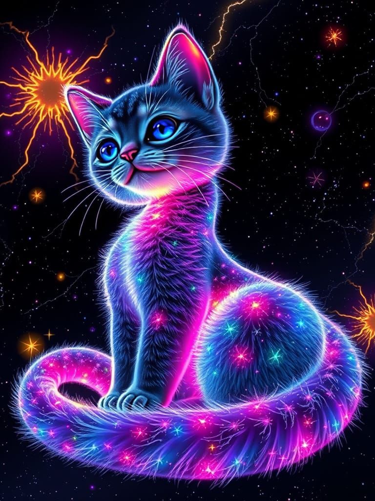 Celestial Kitten Coiled in a Cosmic Dreamscape