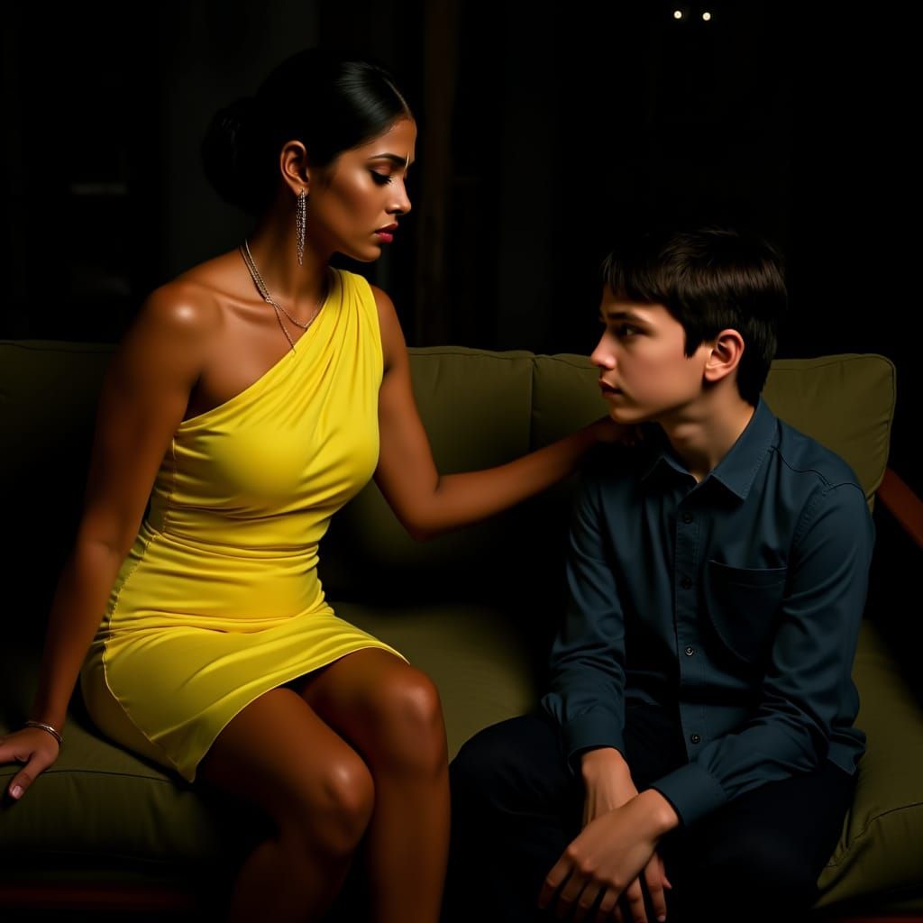 Indian Woman Admonishes Boy on Sofa