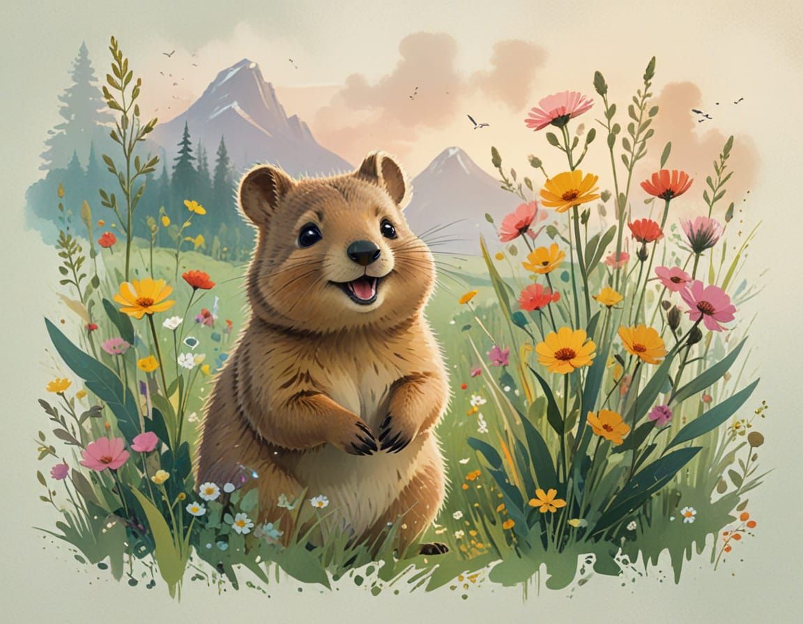 Smiling Quokka in Golden Meadow, Watercolor and Gouache