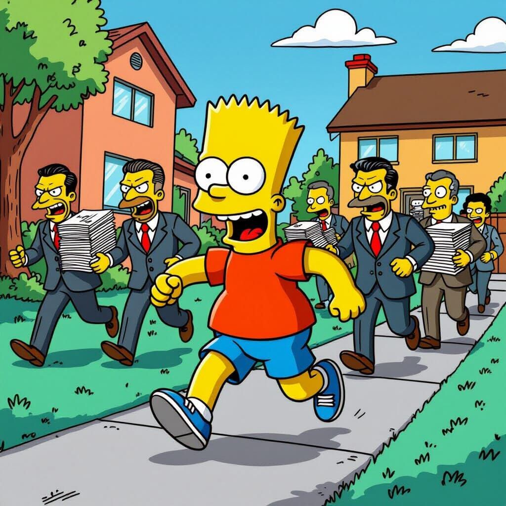 Bart Simpson Flees Angry Lawyers in Cartoon Style