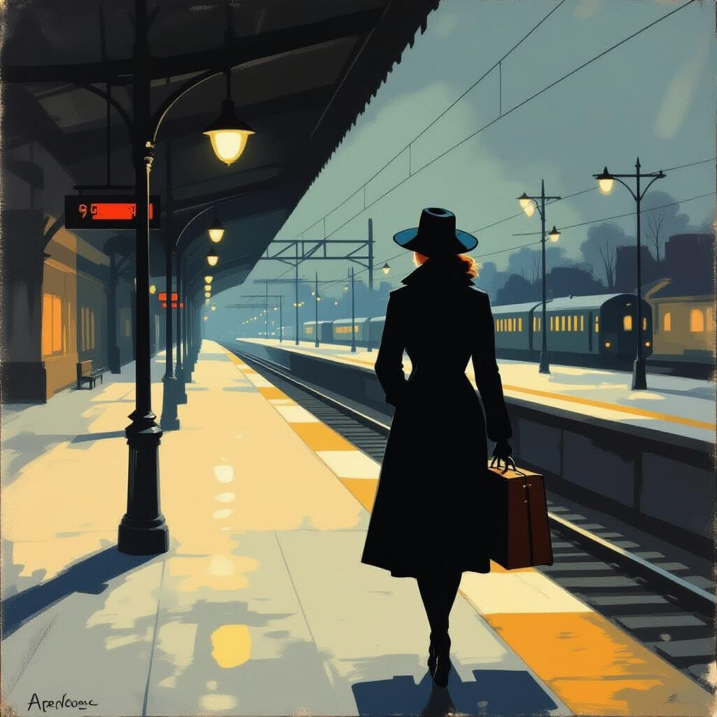 Solitary Woman on Train Platform in Hopper Style