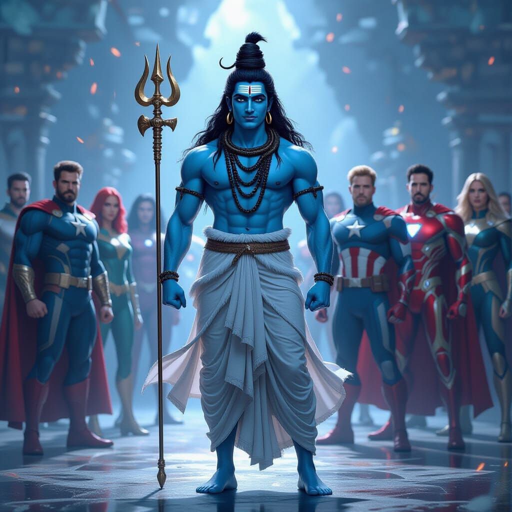 Lord Shiva with Avengers in Realistic Style
