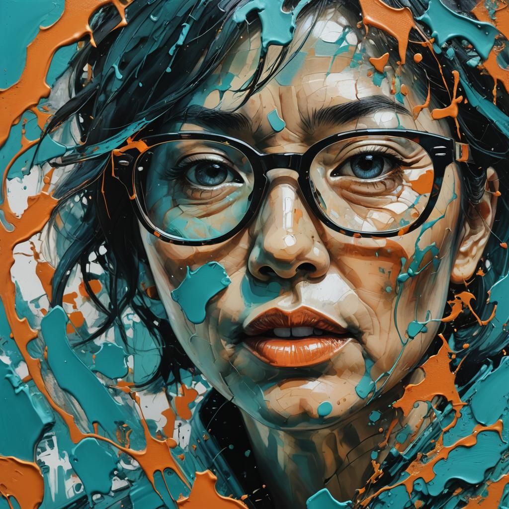 Abstract Expressionist Portrait of Asian Woman in Glasses