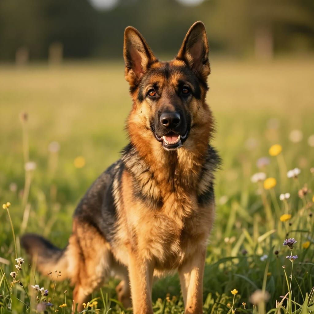 Cute 4-Year-Old German Shepherd in Sunlit Meadow