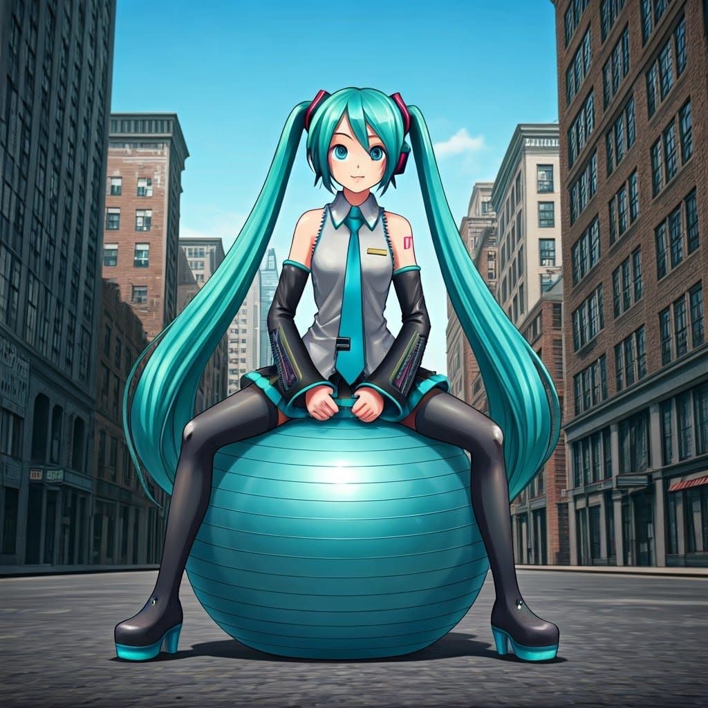 J-Pop Idol Bounces on Exercise Ball in Urban Landscape