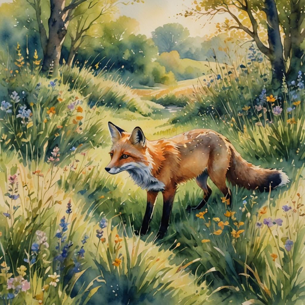 Fox in English Meadow: Whimsical Watercolour Art