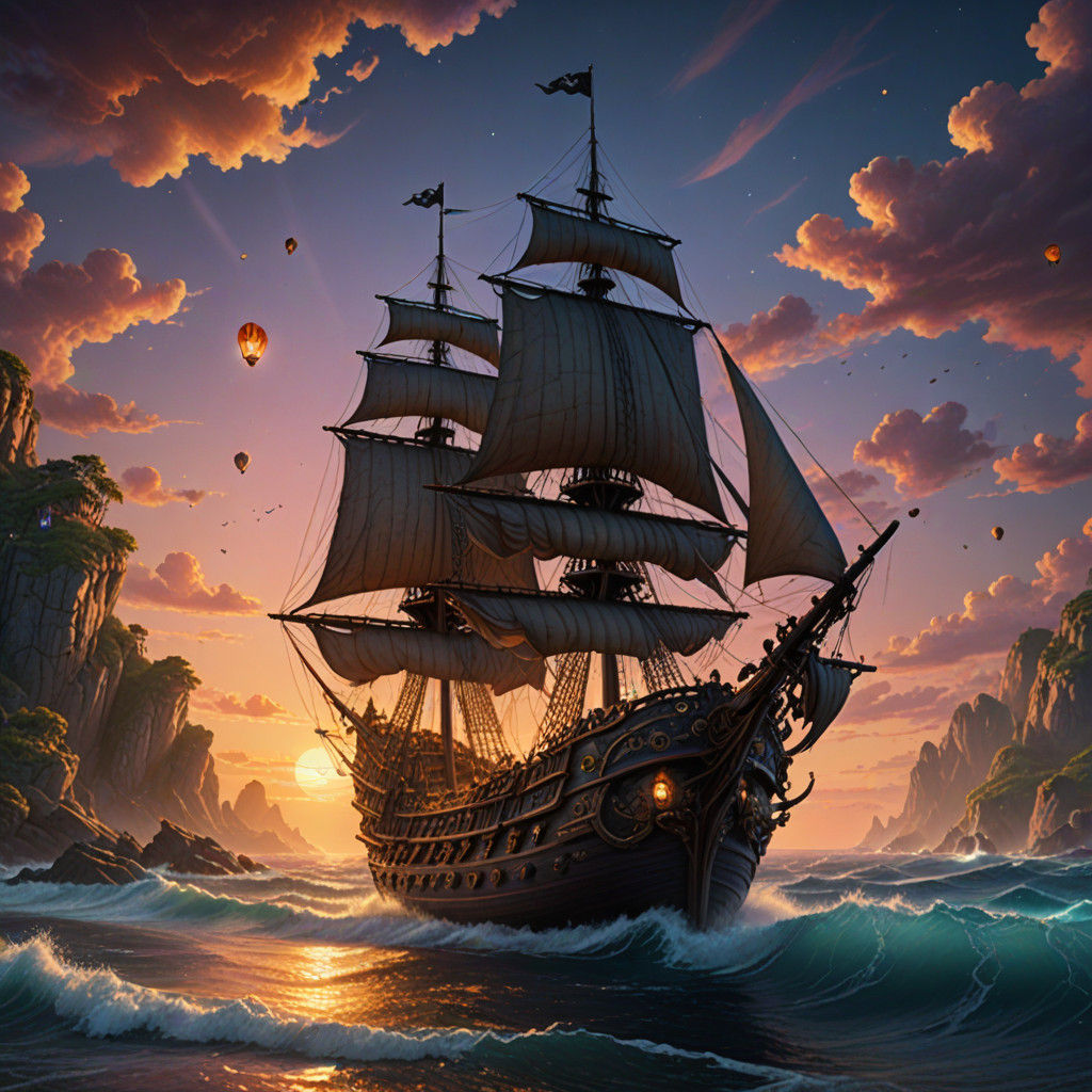 Epic Sunset Seascape with Pirate Ship in Vibrant Dreamy Styl...