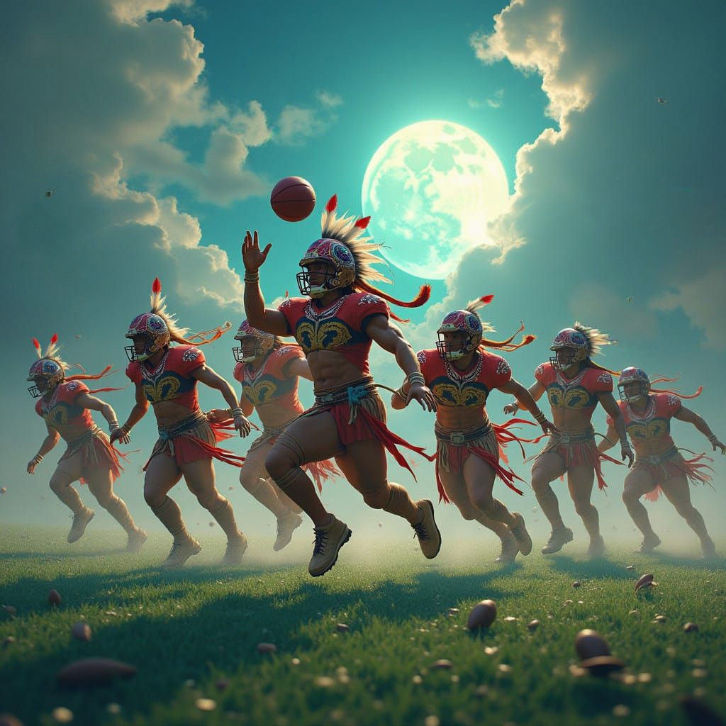 Native American Football Heroes in Vibrant Fantasy Landscape...