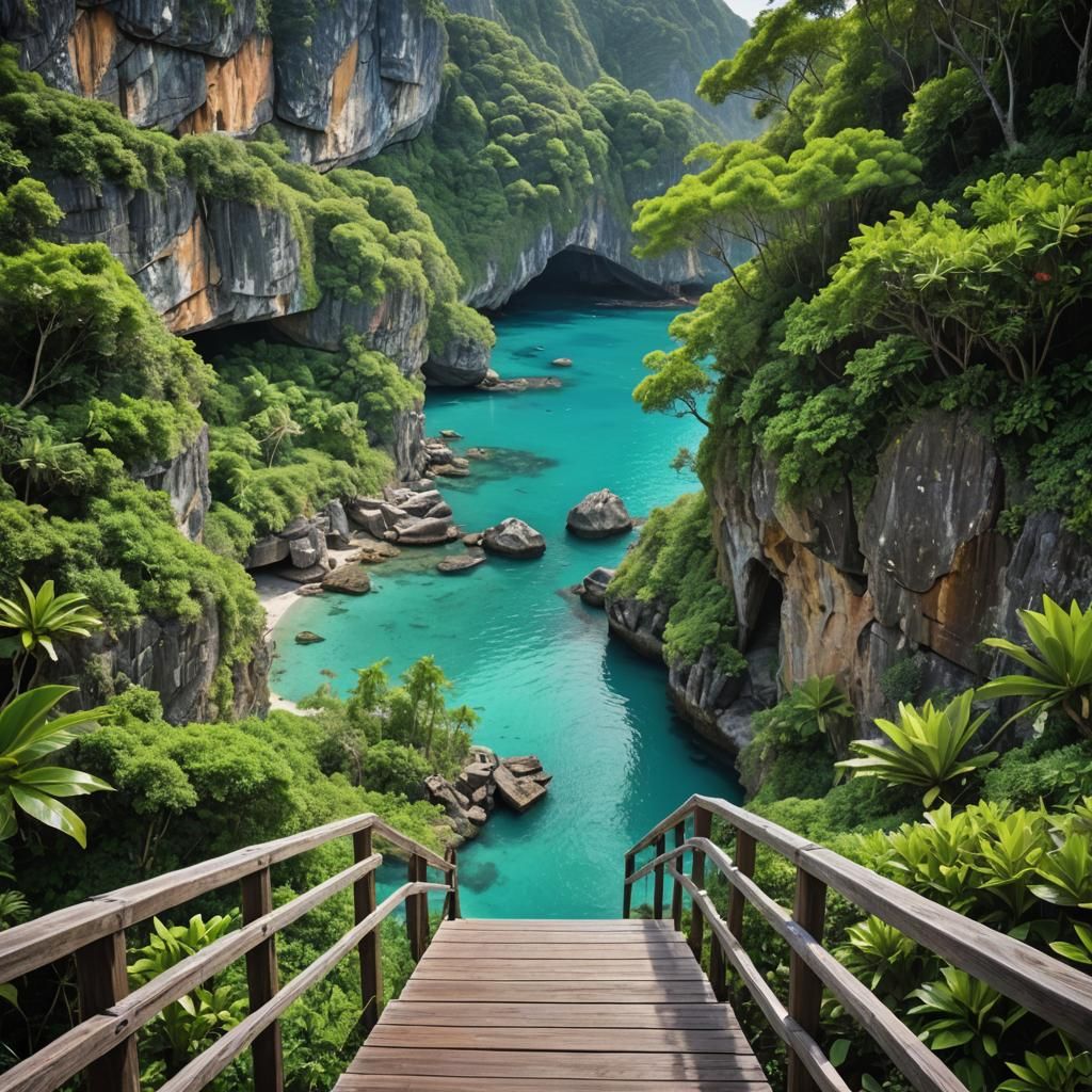 Tropical Seascape with Boardwalk and Limestone Cliffs