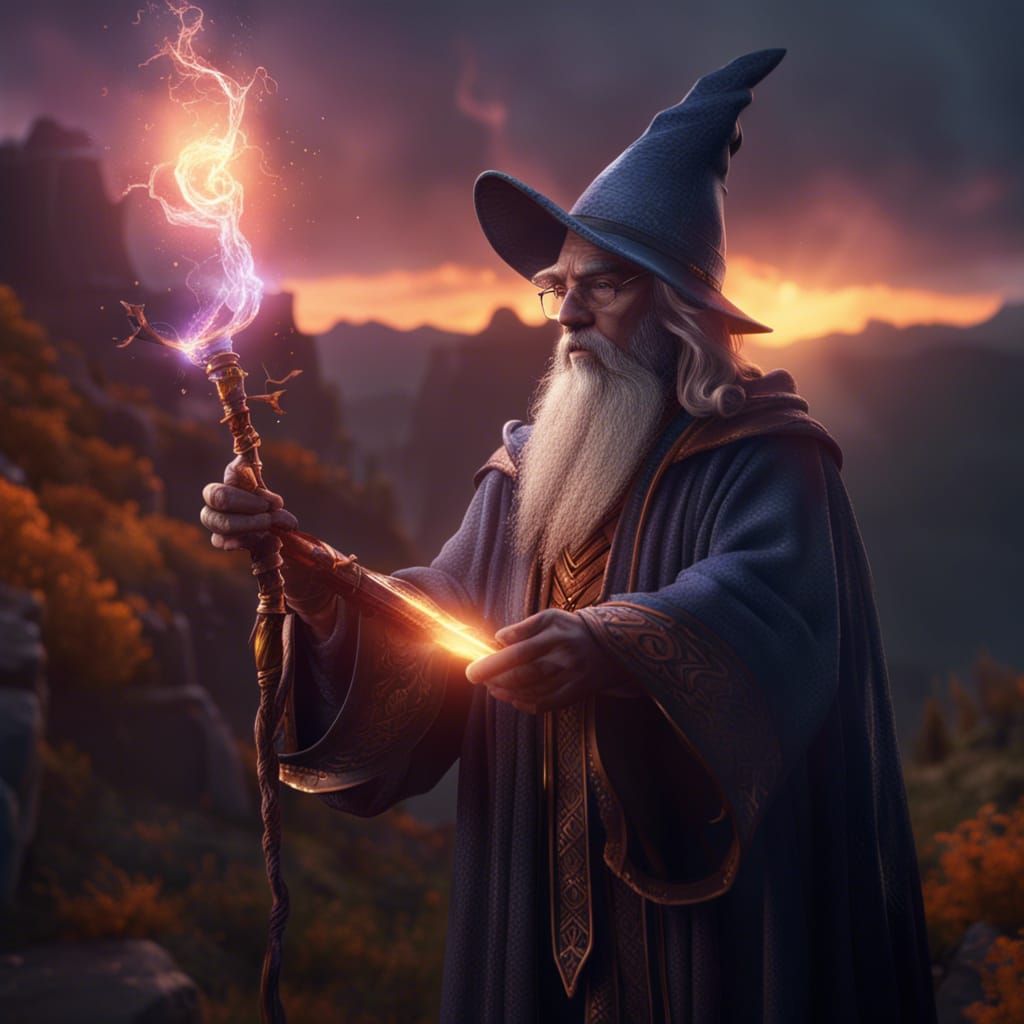 Majestic Wizard Practicing Spells at Sunrise