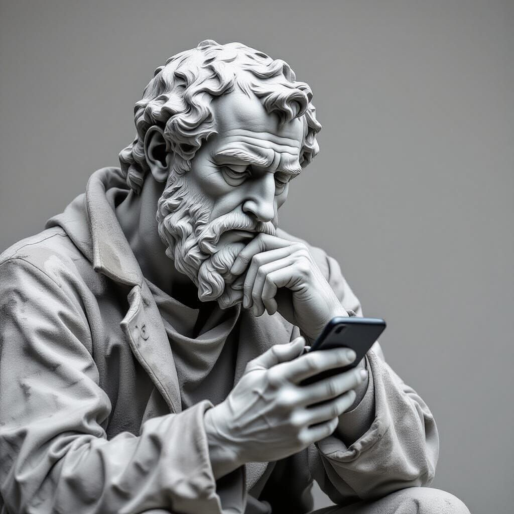 The Thinker Contemplates Smartphone in HD Photography