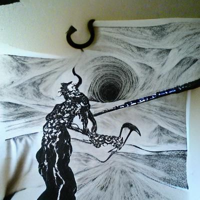 Demon Lord Scythe Ink Drawing Against Void