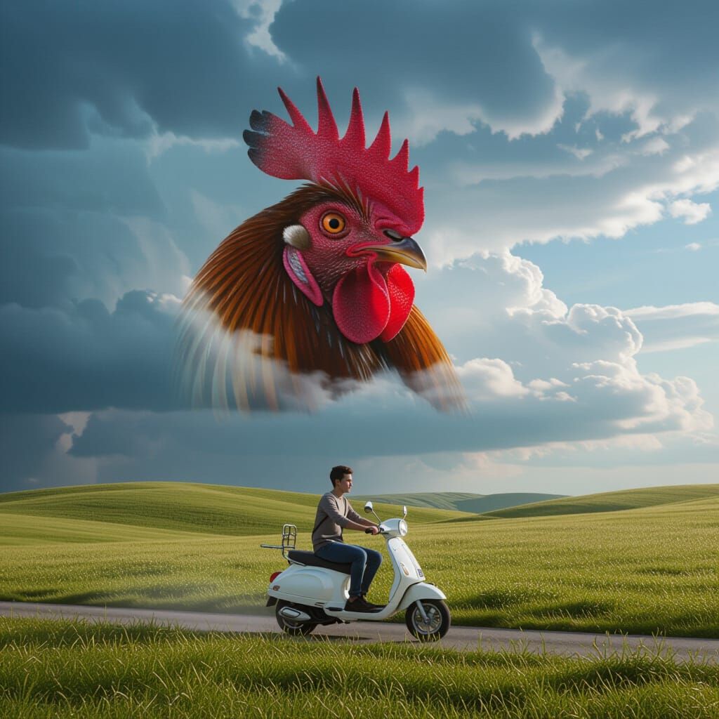 Surreal Scene: Man on Scooter with Giant Rooster Sky Deity