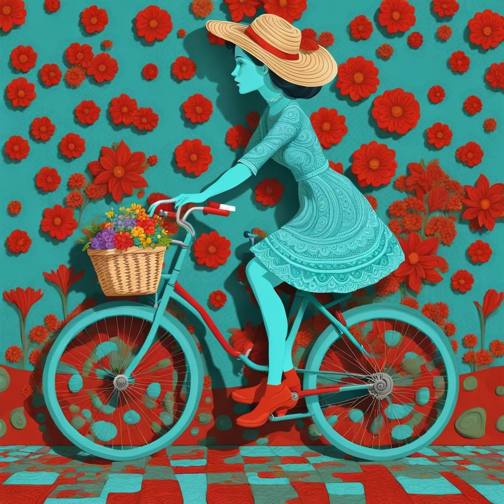 Woman on Bicycle with Flowers outside Chocolate Shop