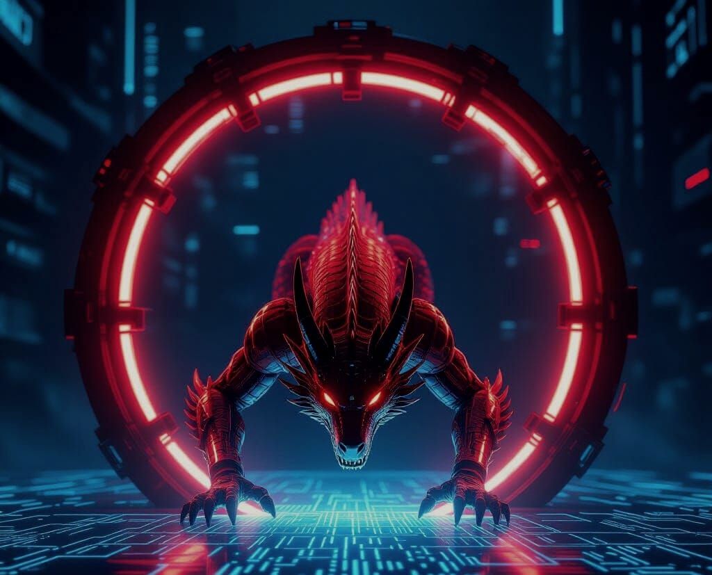 Cyberpunk Dragon Emerges From Futuristic Portal