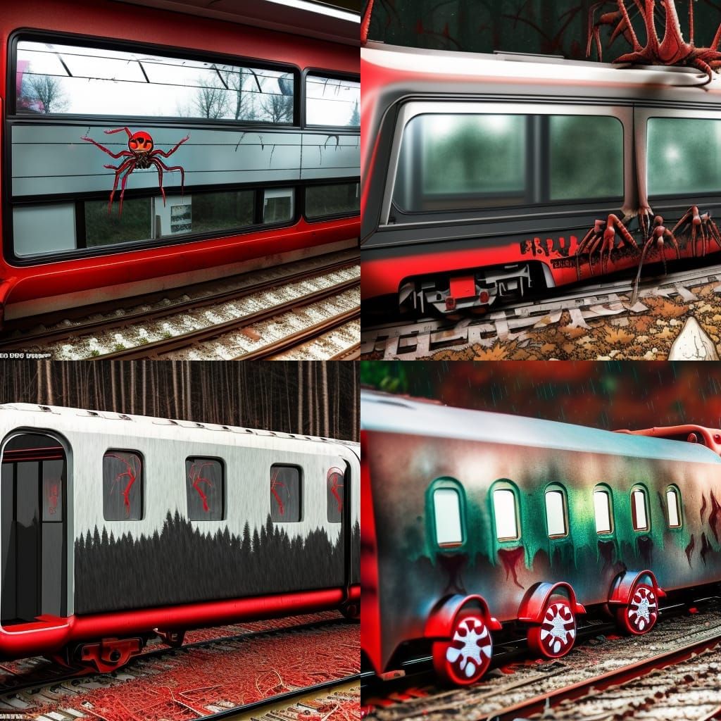 Horrific Spider Train with Bloody Lips in Forest