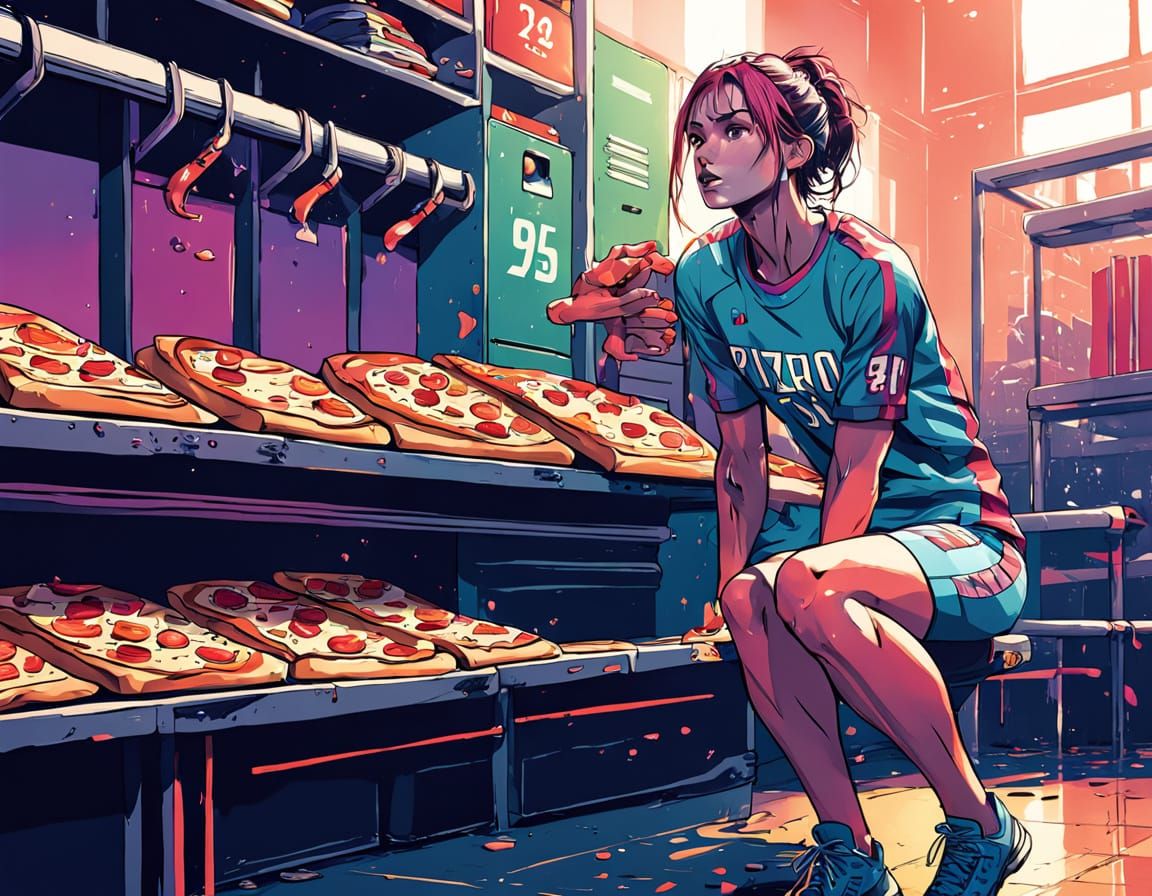 Anime Girl in Locker Room with Pizza