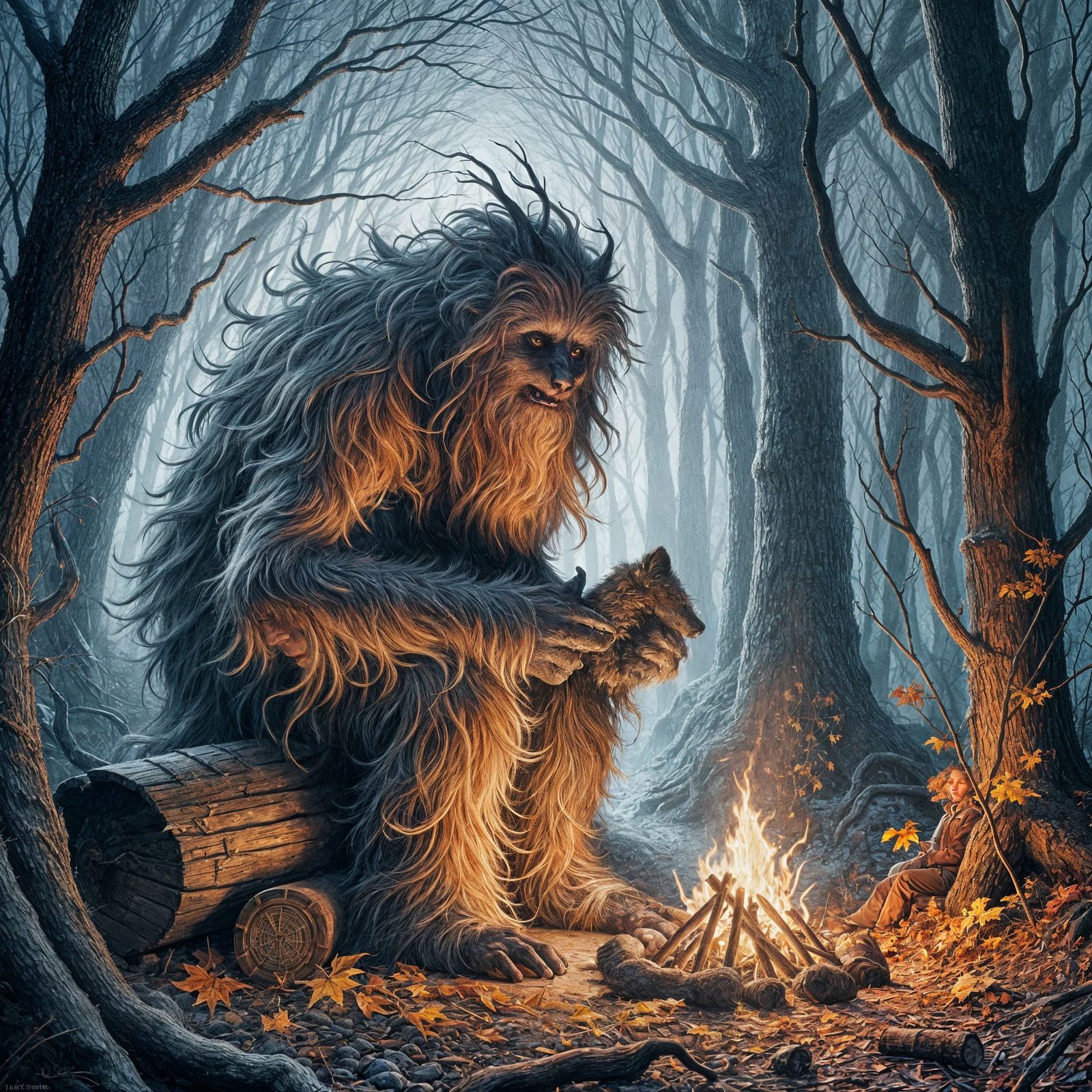 Folklore Creature by Campfire in Misty Forest