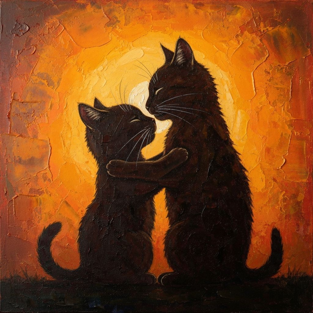 Cat Silhouette Against Vibrant Autumn Sunset in Impasto Styl...