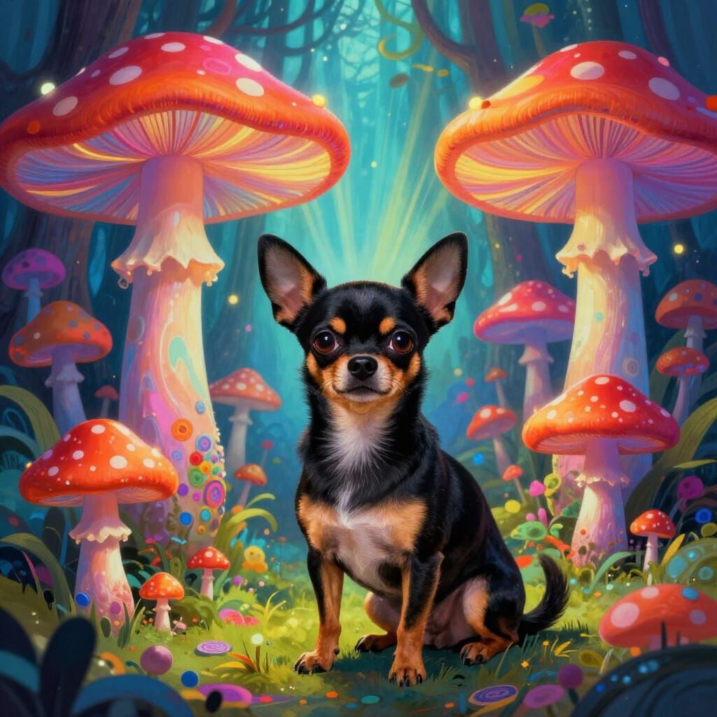 Chihuahua in Psychedelic Mushroom Forest