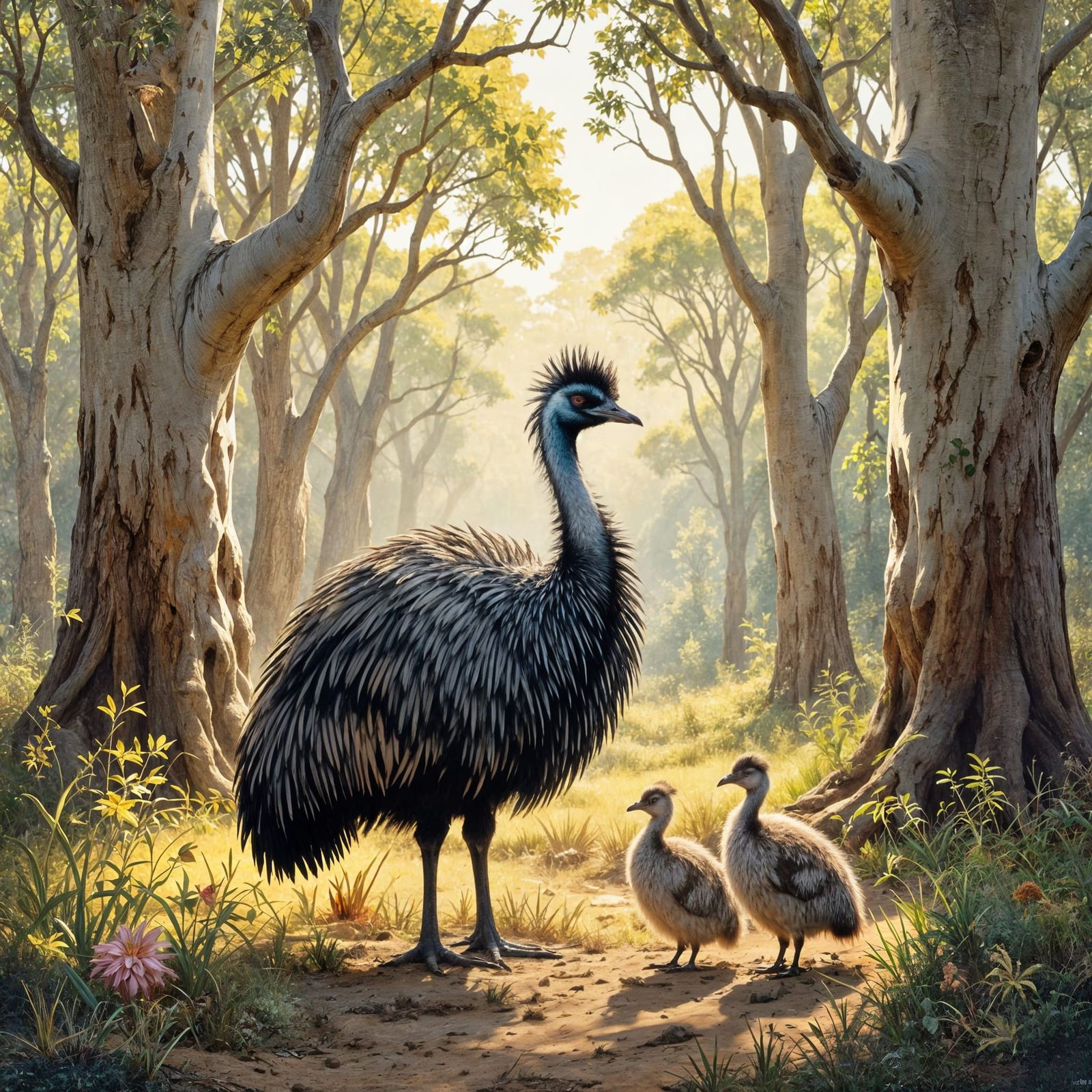 Wise Old Emu in Sun-Dappled Forest Clearing