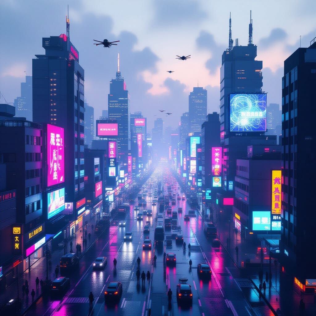 Cyberpunk Lima Cityscape with Neon Lights and Hazy Atmospher...