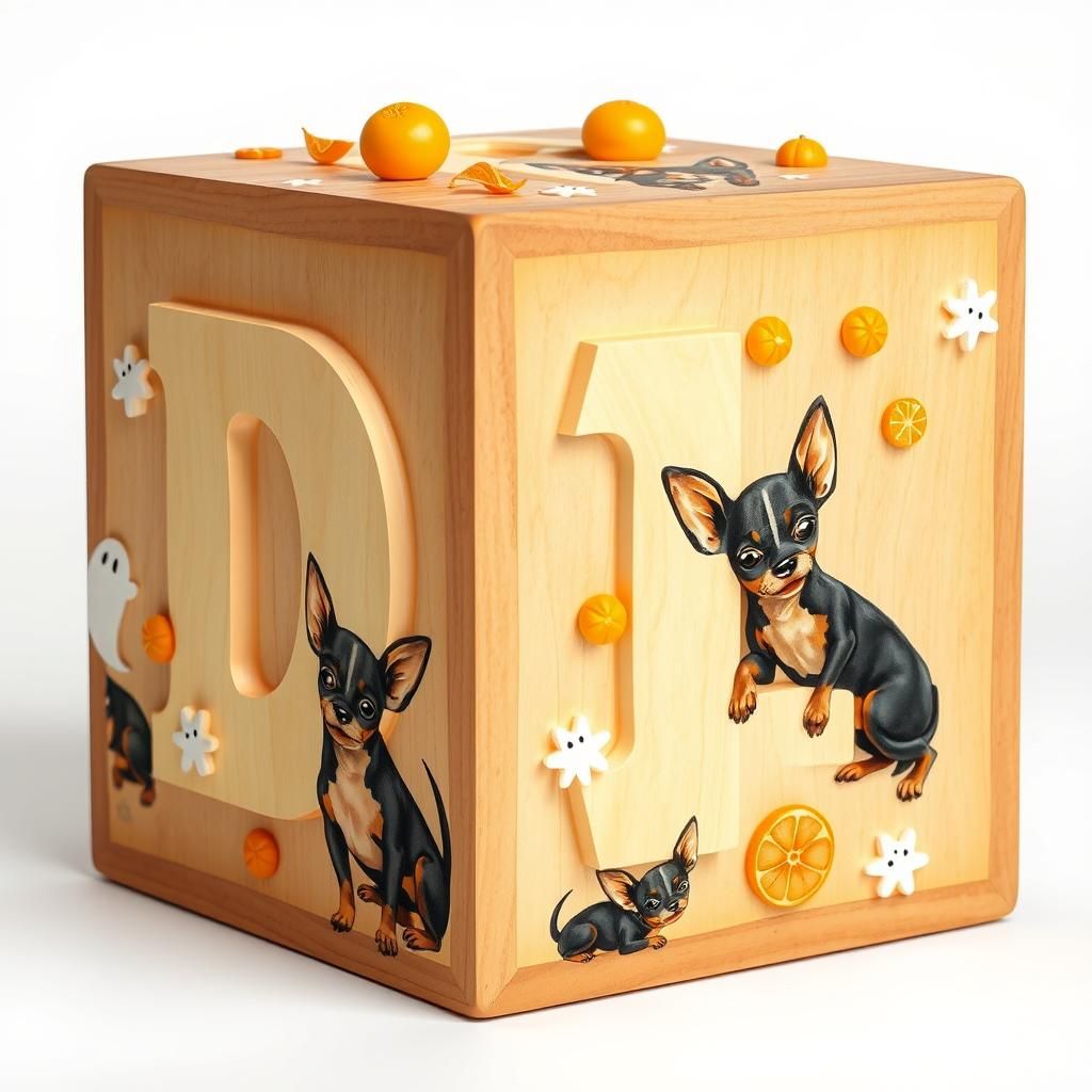 Whimsical Wooden Block with Halloween and Dog Illustration