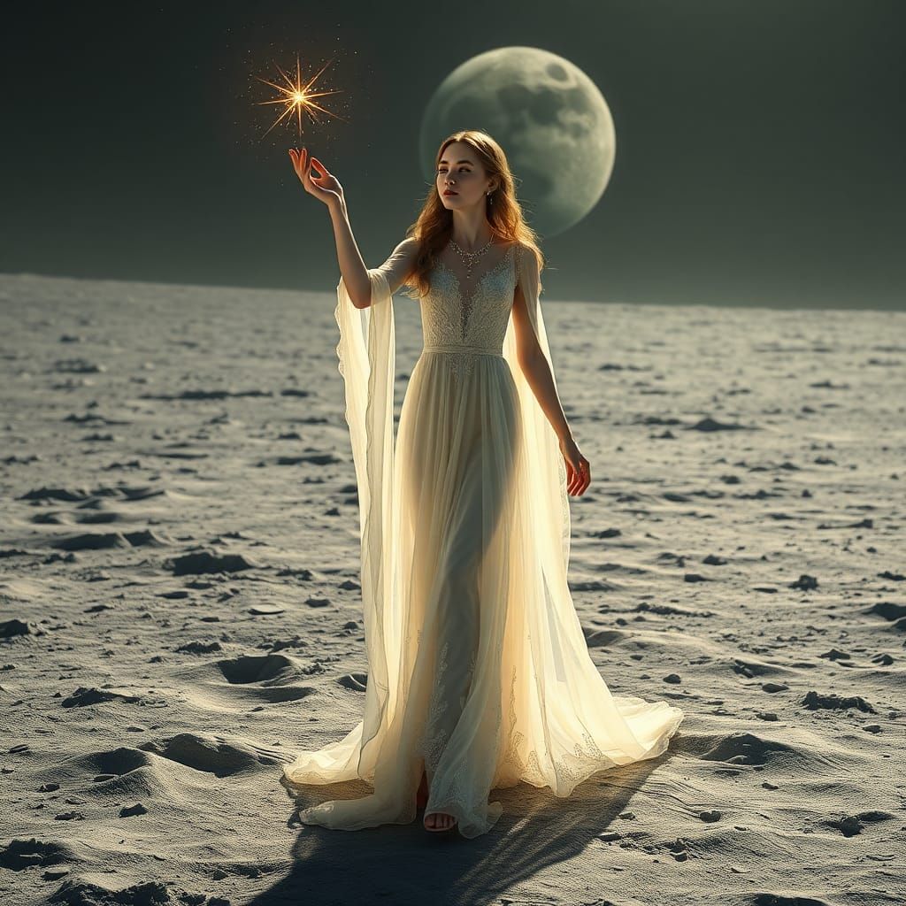 Lunar Woman in Ethereal Starlight: Digital Art Portrait