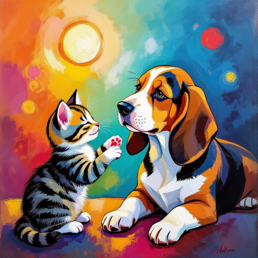 Kittens and Bassett Hound in Vibrant Abstract Art