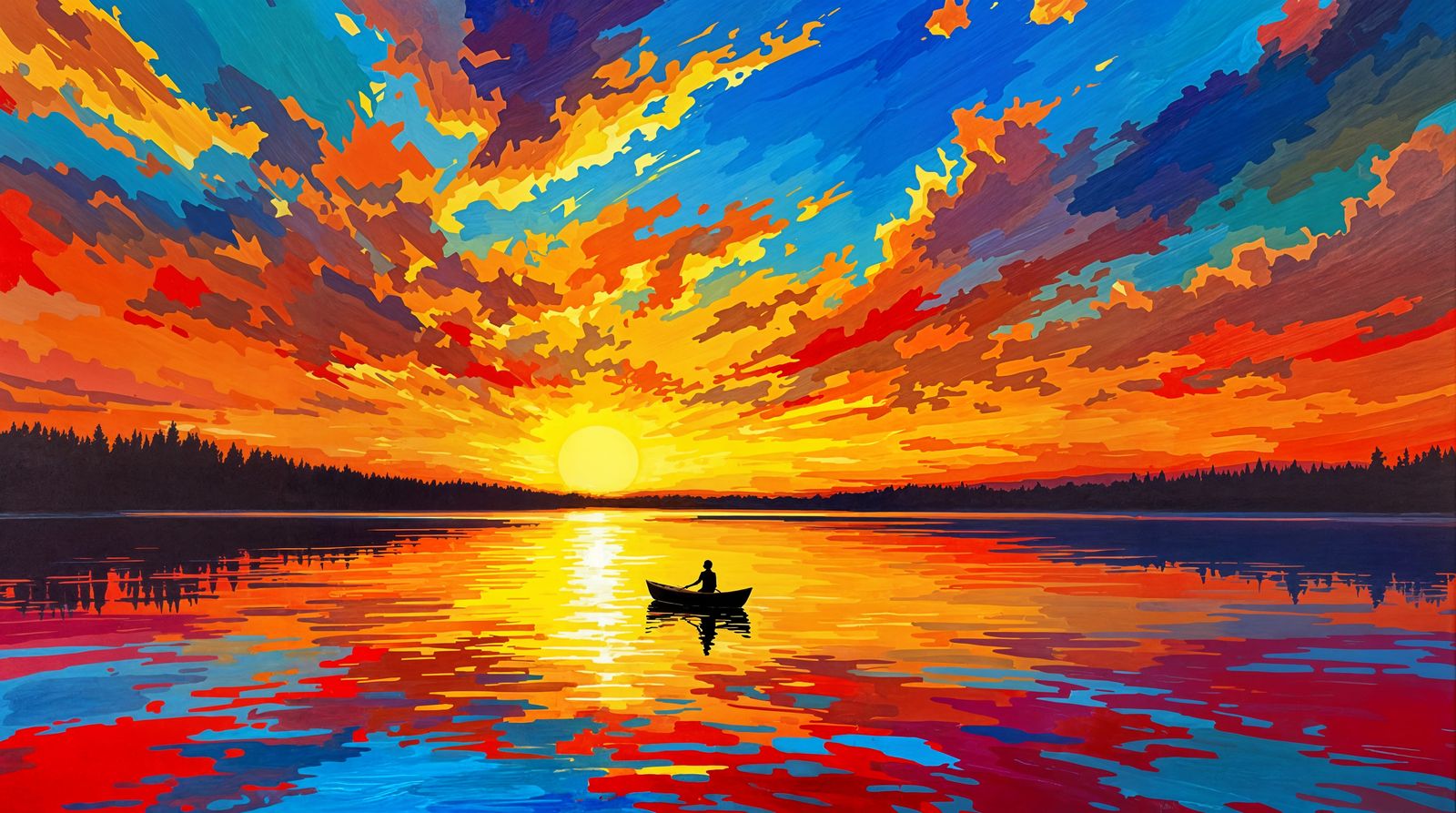 Impressionistic Lake Sunset with Lone Rowboat