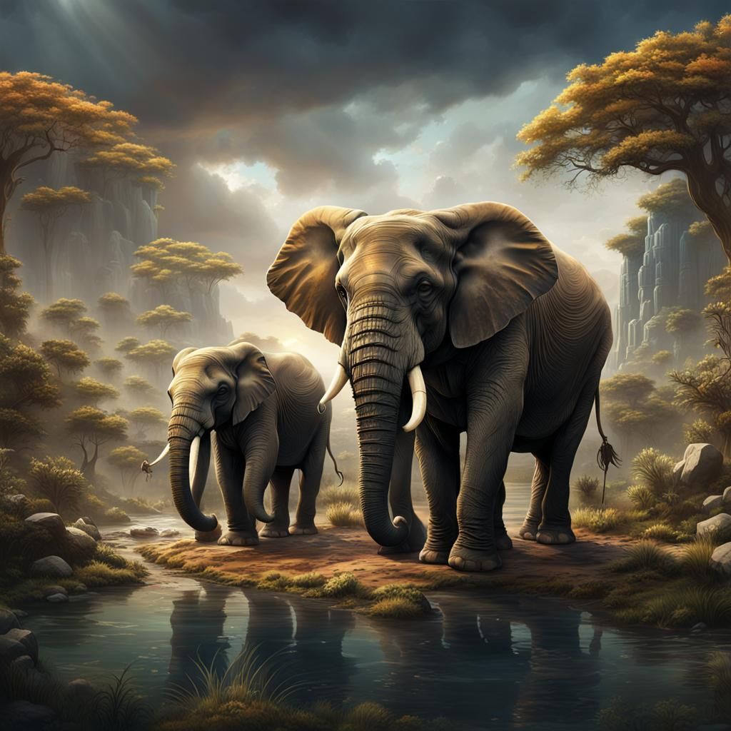 Majestic Elephants: Strength and Beauty in Matte Painting