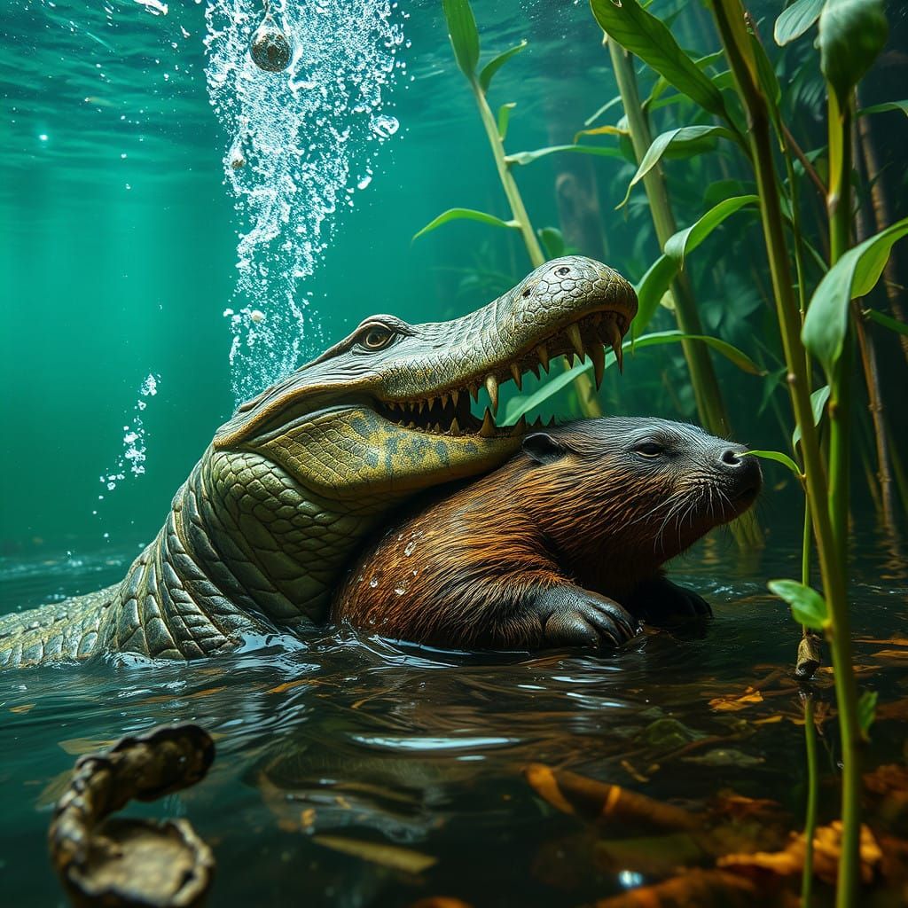 Anaconda Hunting Capybara in Amazon Jungle, HDR