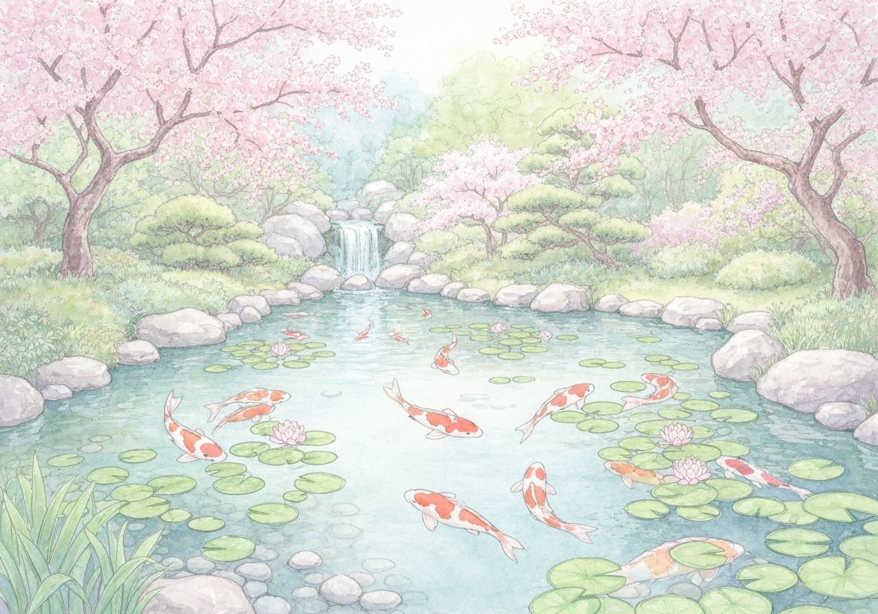 Koi Pond in Japanese Garden, Watercolor Style