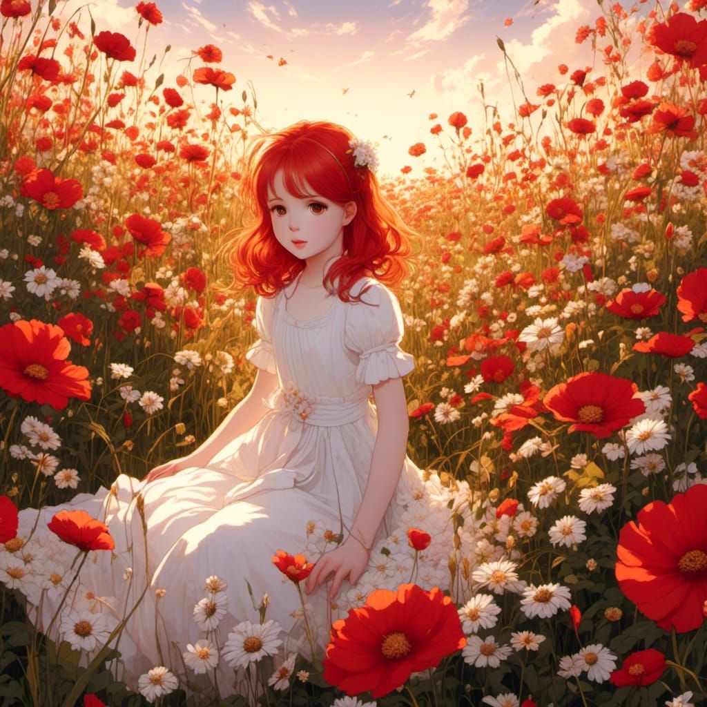 Anime Girl in Flower Field at Golden Hour