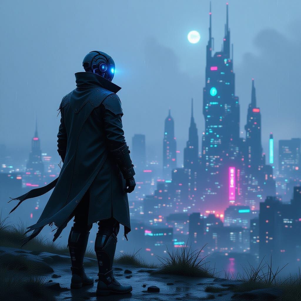 Cyborg Gazes at Decaying Cyberpunk Cityscape