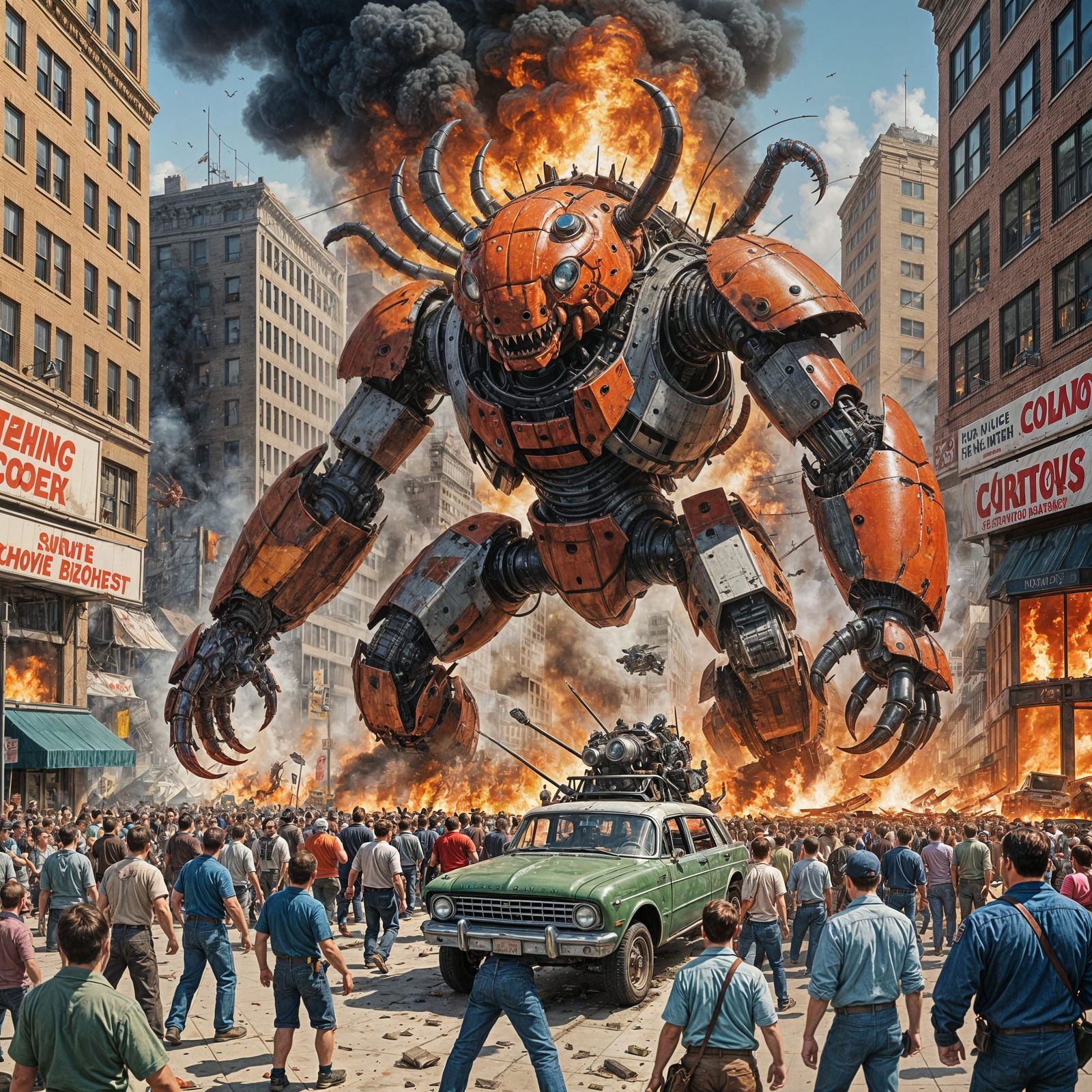 Downtown Chaos: Robot Lobster Wreaks Havoc in Retro Comic Bo...