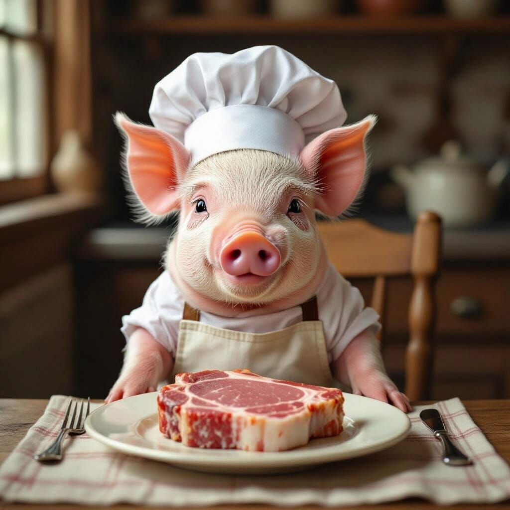Whimsical Piglet Chef with Giant Pork Chop