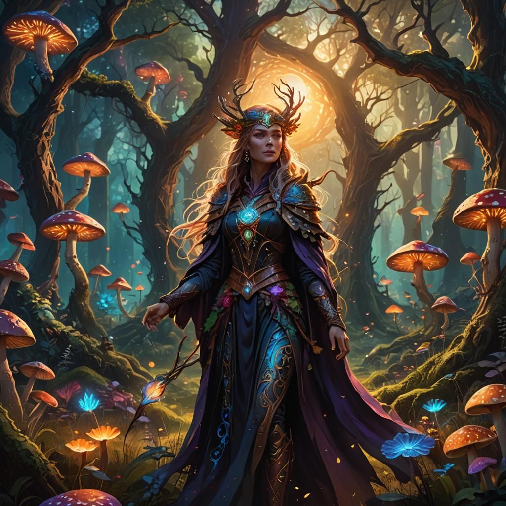 Mystical Sorceress in Glowing Forest Glade