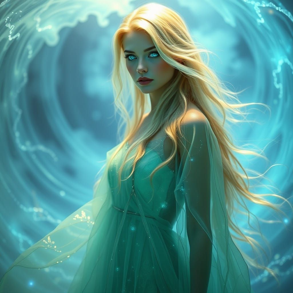 Ethereal Emerald Goddess Amidst Whirling Blue Light Fog
