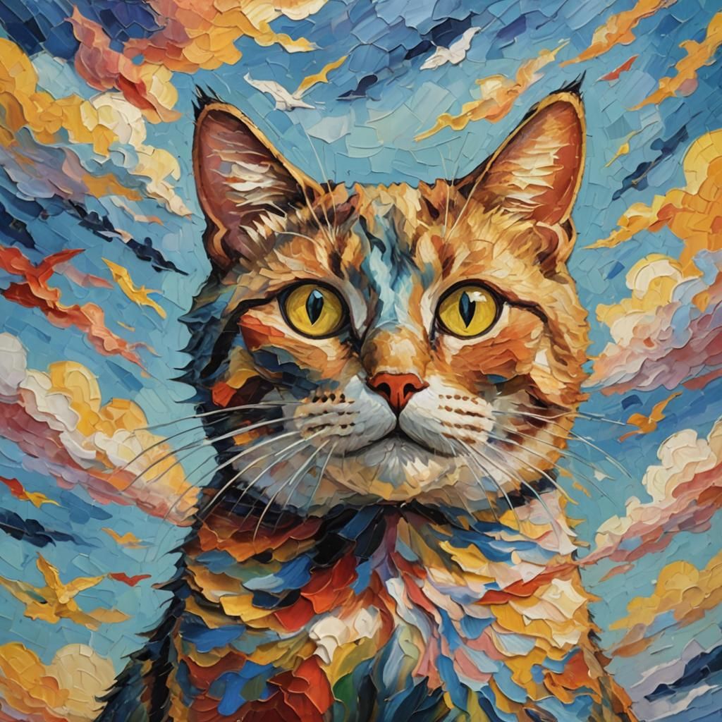 Expressionist Oil Painting of Flying Cat in Sky